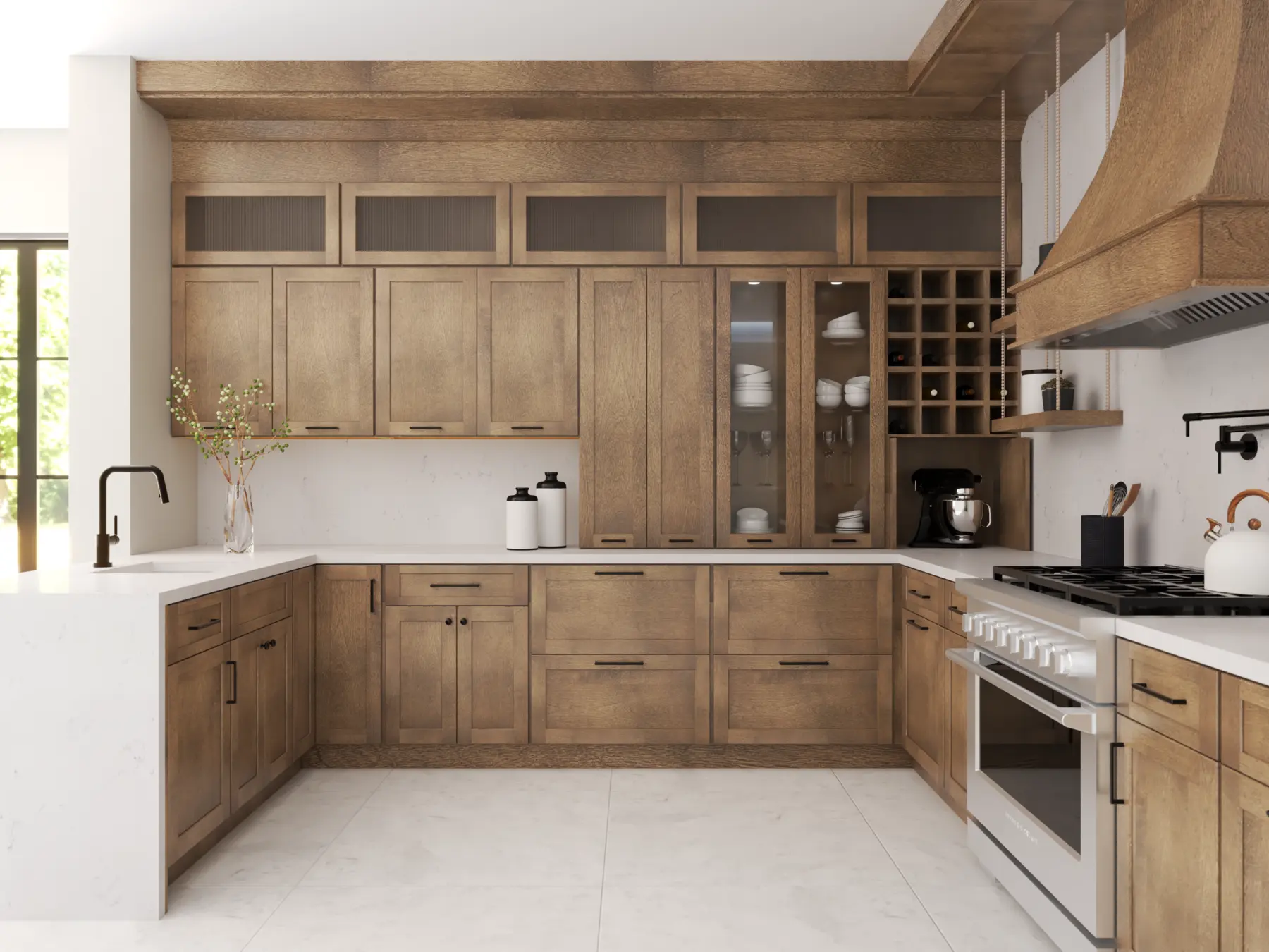 Wood-tone cabinetry with abundant storage